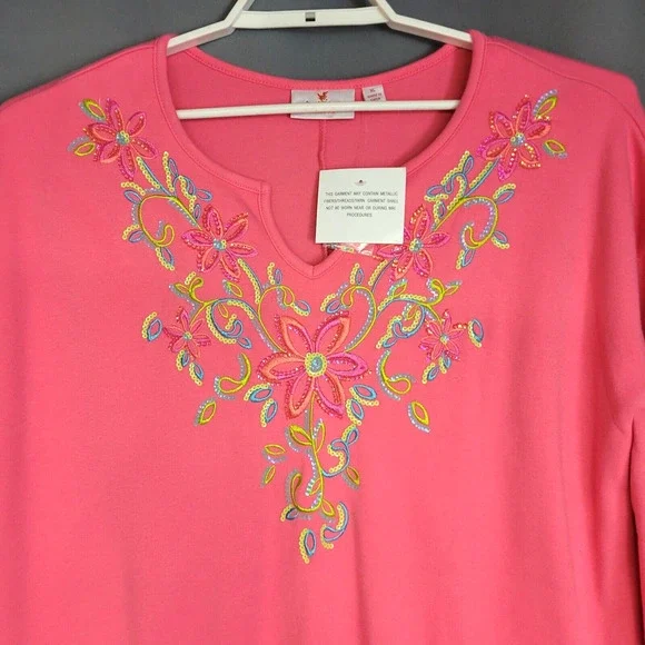 Quaker Factory Kraftan Dress Womens XL Pink Embroidered Sequin Floral Tunic New - Picture 2 of 13